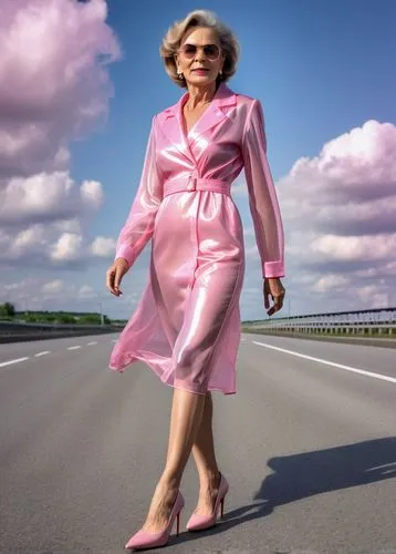 50 years old woman in transparent pink oilcoat dress and high heels,woman walking,angelyne,menopause,anney,chenoweth,menopausal,postmenopausal,premenopausal,feldshuh,bourdin,promenading,dotrice,retro 