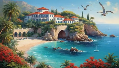 coastal landscape,seaside resort,beach landscape,sea landscape,catalina island,landscape background,zihuatanejo,palmilla,ixtapa,mountain beach,ocean paradise,beachfront,landscape with sea,seaside view,ocean view,santa barbara,beach scenery,beach restaurant,tropical house,seaside country,Illustration,Realistic Fantasy,Realistic Fantasy 33