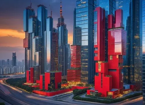 futuristic, highrise residential buildings,a city skyline with a large number of buildings and a red sign,dubia,largest hotel in dubai,tallest hotel dubai,dubay,dubai,urban towers,Photography,General,