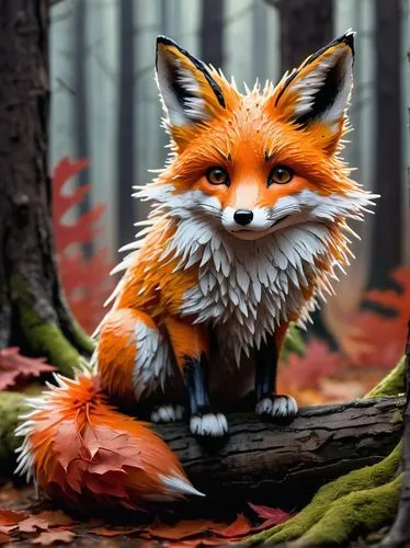 Wildlife, thorny fox, orange fur, sharp claws, fluffy tail, curious expression, solo, sitting, forest floor, autumn leaves, moss, twisted roots, wooden logs, misty atmosphere, warm lighting, shallow d