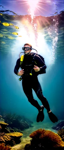 Scuba diver, underwater scene, young adult male, athletic build, muscular arms, diving gear, oxygen tank, flippers, goggles, wet suit, shiny surface reflection, sunlight filtering through water, seawe