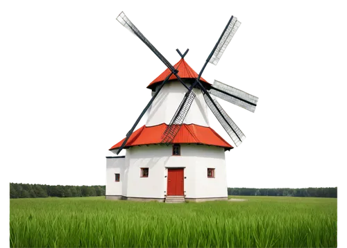 Traditional Swedish windmill, countryside setting, wooden structure, white walls, red roof tiles, rotating blades, worn stone foundation, lush green grass, sunny afternoon, soft focus, warm color tone