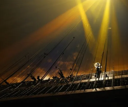 bright beams on a bridge over the water,anzac bridge,sydney bridge,zakim,masts,tall ship,sunburst background,Illustration,Realistic Fantasy,Realistic Fantasy 03