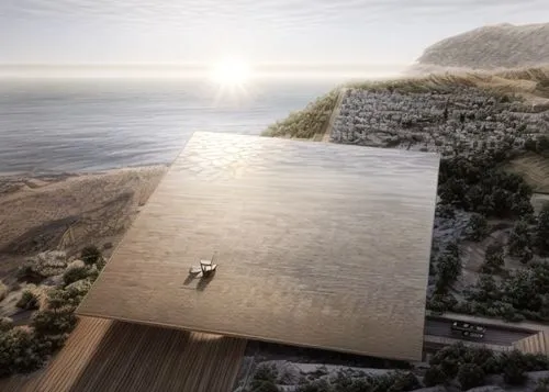 dunes house,cliff top,floating huts,cubic house,bench by the sea,window with sea view,writing desk,cube stilt houses,skyscapers,cliff dwelling,coastal protection,archidaily,folding roof,3d rendering,wine boxes,beach furniture,infinity swimming pool,bouldering mat,coffee table,wooden sauna