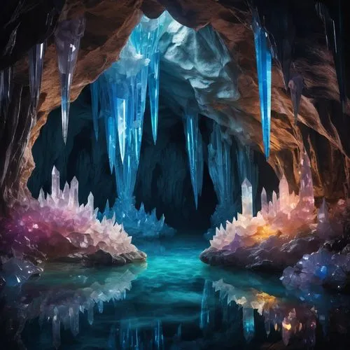 充滿巨大水晶柱的洞穴.水.原始風貌.雜亂交錯的水晶,ice cave,blue cave,blue caves,caverns,the blue caves,cavern,caves,cave,cave on the water,alfheim,cave tour,cavernosum,ice castle,underdark,sea caves,grotte,crystalize,caverno