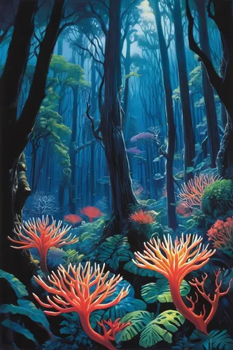 Describe an enchanted forest where coral fingers grow tall and vibrant, casting a mesmerizing glow at night.,mushroom landscape,forest anemone,fairy forest,red anemones,forest floor,anemones,sea anemo