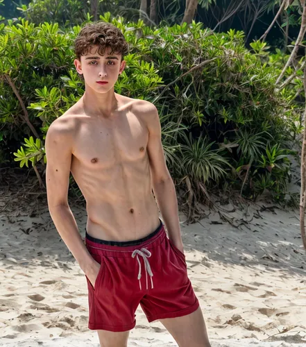 Timothée Chalamet, buzz cut, low fade, youth adult, xs, man, black hair, uhd, 4k, hyper realistic,beach background,shirtless,active shorts,male model,austin stirling,george russell,swim brief,austin m