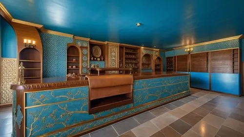 a blue, yellow and brown lounge has gold trim,blue room,mahdavi,cabinetry,interior decoration,hammam,minibar,Photography,General,Realistic