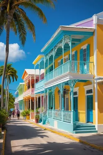 Bahamian architecture, colonial-style buildings, pastel-colored walls, white wooden shutters, steeply pitched roofs, ornate balconies, decorative ironwork, tropical plants, palm trees, vibrant flowers