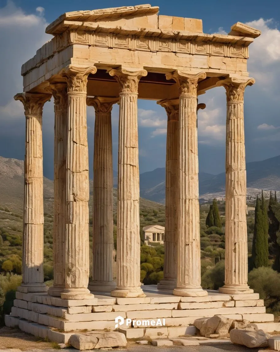 Ancient Greek temple, Doric columns, marble material, intricate carvings, ornate sculptures, statues of gods, frieze decorations, pediment designs, symmetrical composition, bright sunny day, warm ambi