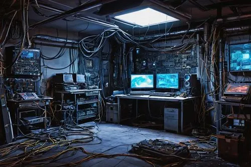 computer room,abandoned room,the server room,cyberpunk,computer workstation,cold room,nostromo,computerworld,engine room,computerized,basement,arktika,cyberscene,workbench,laboratory,computer,doctor's room,wiring,spacelab,ufo interior,Illustration,Realistic Fantasy,Realistic Fantasy 23