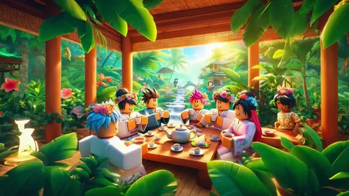 roblox thumbnail gfx with a bunch of roblox character having tea in a tropical teahouse,tropical house,gnomes at table,garden of eden,tropical island,cabana,bahian cuisine,beach restaurant,luau,deligh