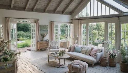 bay window,conservatory,country cottage,wooden beams,wooden windows,summer house,shabby-chic,french windows,sitting room,shabby chic,summer cottage,orangery,window frames,gable field,garden shed,porch,breakfast room,porch swing,dandelion hall,country house,Photography,General,Natural