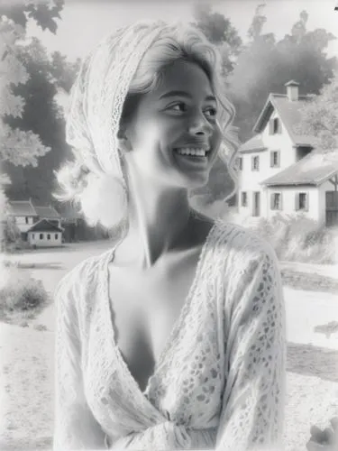 B&W photo of a nice smiling village beauty in 1900,black and white image of woman in a towel,yakimova,hande,milkmaid,vintage woman,vintage female portrait,avonlea,Photography,Black and white photograp