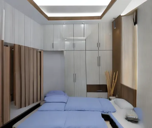 this bedroom has a bed and some cabinets,3d rendering,render,habitaciones,aircell,3d rendered,travel trailer