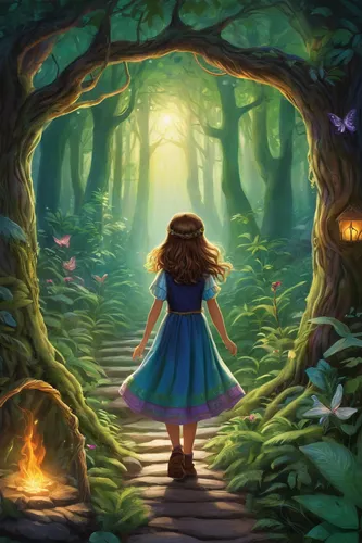 fae,fairy forest,ballerina in the woods,enchanted forest,forest path,forest of dreams,fairy world,children's fairy tale,merida,forest walk,enchanted,pathway,wonderland,a fairy tale,fairy door,magical adventure,forest background,fairy tale,fairy village,fairytale forest,Illustration,Retro,Retro 20