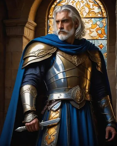 Paladin of Selune, male, mature, muscular, heroic pose, golden armor, silver sword, blue cape, intricately designed emblem on chest, white hair, beard, mustache, piercing blue eyes, serious expression