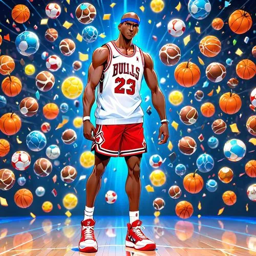 Michael Jordan in pixar 3d style,a man stands in a basketball court surrounded by balls,sprewell,michael jordan,shuttlesworth,pippen,ewing,mutombo,starbury,hinrich,olajuwon,rodman,felicio,dalembert,ro