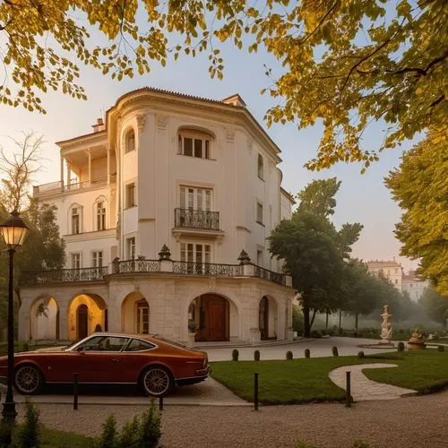 a modern residence.
Some people on the road.,a car is parked in front of an elegant mansion,villa borghese,villa balbiano,mirogoj,palazzina,ritzau,villa cortine palace,Photography,General,Realistic