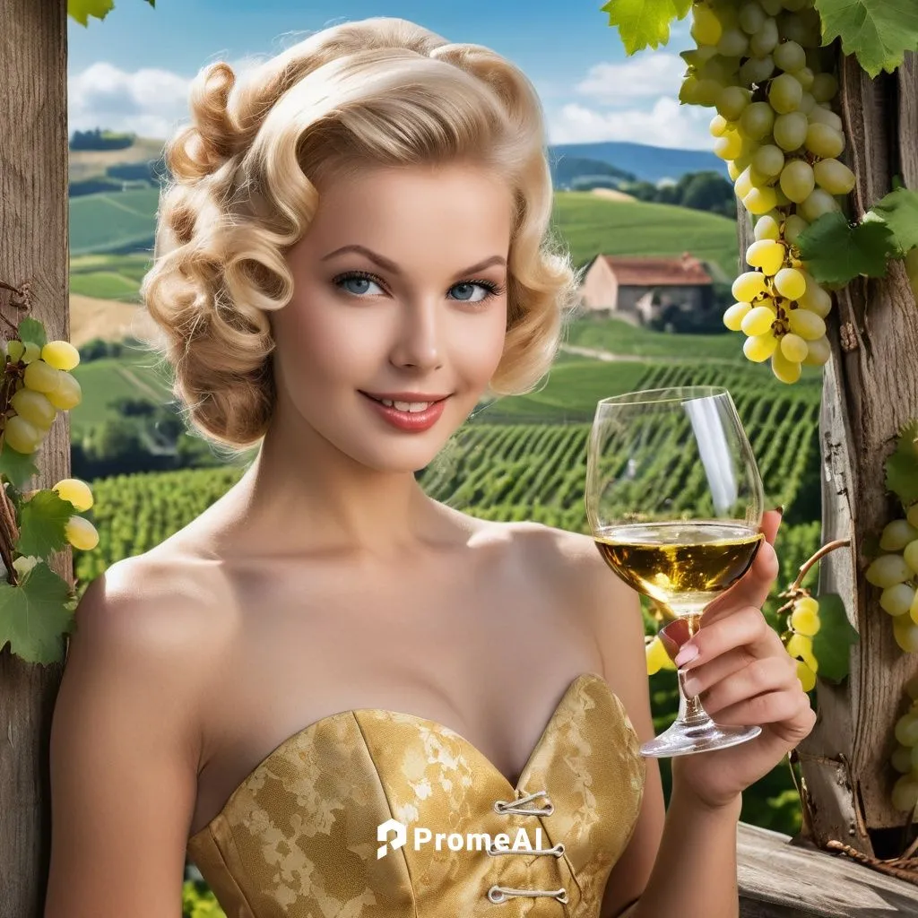 A captivating vintage photograph of the alluring 19-year-old Sindy W, the enchanting blonde Weinkönigin model, gracing the billboard for the Weinfest i der Pfalz. The billboard, with its vibrant yet f