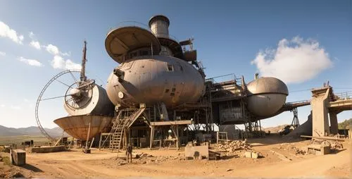 a large rusty structure near a bridge in the desert,wastelands,cosmodrome,steamboy,dust plant,industrial landscape,bathysphere,Photography,General,Realistic