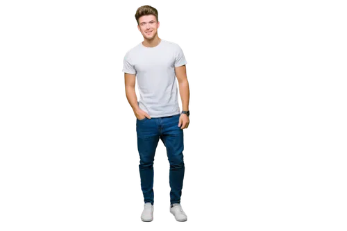 outreach ambassador, young adult, male, muscular, athletic build, short spiky hair, bright smile, blue eyes, casual wear, plain white T-shirt, dark jeans, sneakers, standing, hands in pocket, relaxed 