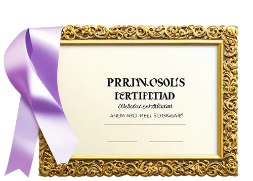 Principals award certificate, golden frame, ornate design, glass surface, reflective shine, rectangular shape, horizontal layout, bold font, colorful ribbons, 3D embossed principal's name, shiny paper