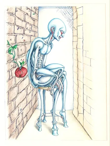 drawing of man sitting in chair with tomato in his lap,woman eating apple,appleman,diterlizzi,pear cognition,berriman,rotten apple