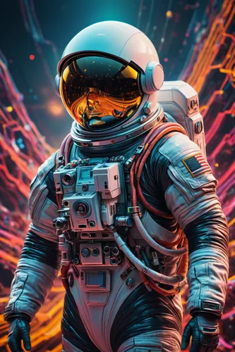 a photo of the astronaut in the space field, in the style of psychedelic color schemes, nightmarish illustrations, animated gifs, dan mumford, colorful caricature, saurabh jethani, warmcore,spacesuit,