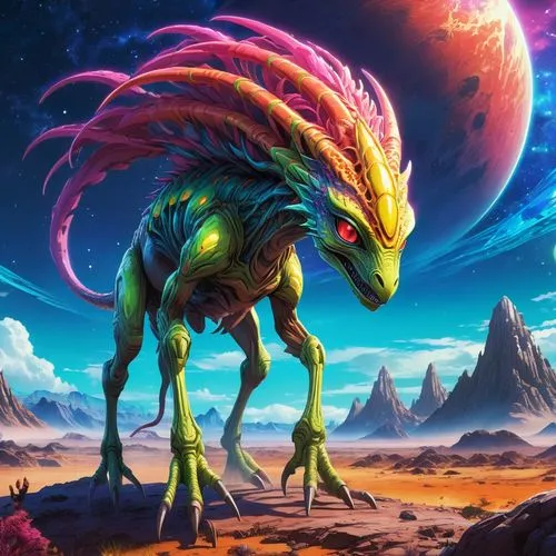 cynorhodon,taittiriya,fantasy animal,painted dragon,unicorn background,prachakorn,landmannahellir,alien planet,ladinos,wehrung,colorful horse,neibaur,fantasy art,fantasy picture,borrego,kukulkan,mondragone,alien warrior,alien world,vulko,Illustration,Japanese style,Japanese Style 03