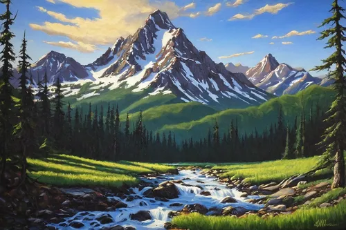 mountain scene,mountain landscape,salt meadow landscape,denali,painting technique,mountainous landscape,teton,oil painting,mountains,oil painting on canvas,alberta,oil on canvas,mountain meadow,cascades,the spirit of the mountains,landscape background,high mountains,mountain range,mountain valley,banff,Illustration,Black and White,Black and White 17