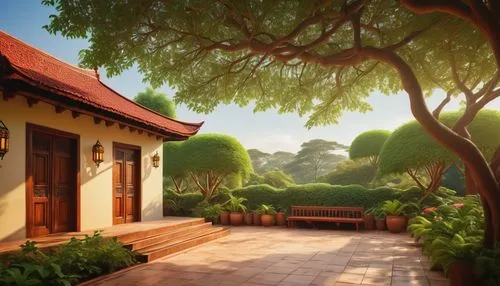 bungalows,cartoon video game background,home landscape,teahouse,traditional house,background design,roof landscape,landscape background,ancient house,tea garden,beautiful home,dreamhouse,inglenook,teahouses,house in the forest,little house,javanese traditional house,small house,forest house,3d rendering,Art,Artistic Painting,Artistic Painting 30