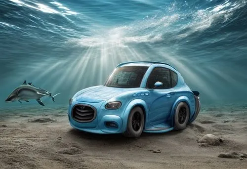 blue color underwater with fish and sharks and algae everywhere and sand covering the car crabs crawling on the ground and rocks and a scuba diver,citroën nemo,suzuki splash,3d car wallpaper,hydrogen 