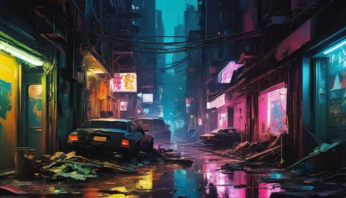 alleyway,alley,colorful city,cyberpunk,cityscape,hanoi,rainy,slum,world digital painting,shanghai,neon arrows,shinjuku,neon,tokyo city,urban,slums,street canyon,digital painting,the street,tokyo,Conceptual Art,Oil color,Oil Color 18