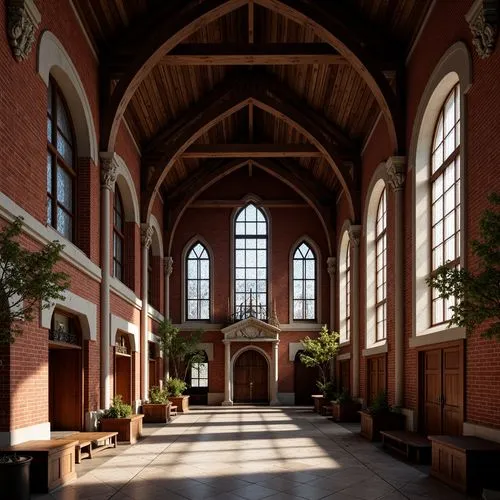 Rustic community center, Gothic Revival architecture, red brick facades, pointed arches, ribbed vaults, flying buttresses, ornate stone carvings, stained glass windows, intricate tracery, grand entran