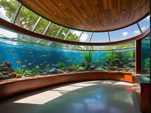 Brevard Zoo Aquarium, modern architecture, futuristic design, large glass domes, white steel frames, sleek curves, blue-tinted glass walls, ocean-inspired wave patterns, interactive exhibits, marine l