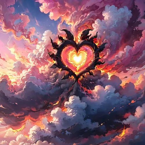 arafed heart shaped clouds in the sky at sunset, pink clouds from the sky, fire, fire overhead, fire in the sky, sky on fire, burning clouds, burning heart, glowing fire halo, vibrant sky, gorgeous Ro