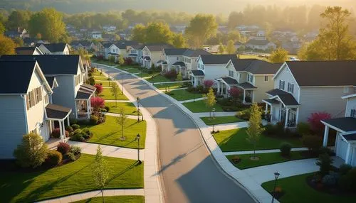 Suburban neighborhood, single-family homes, pitched roofs, vinyl siding, manicured lawns, blooming gardens, sidewalks, streetlights, parked cars, bicycles, playgrounds, community centers, local shops,