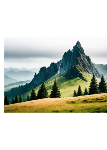 Mountain landscape, sunny day, rolling hills, green grass, tall trees, rocky peaks, misty atmosphere, soft warm light, panoramic view, 3/4 composition, shallow depth of field, vibrant color tone, cine