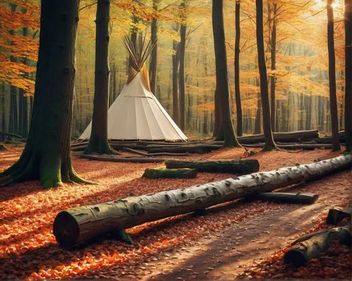 Sticks, forest, autumn, afternoon, sun rays filtering through trees, detailed wood texture, varying lengths, scattered on ground, some leaning against tree trunks, others forming a small teepee, falle