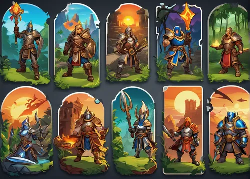 druid grove,torches,collected game assets,set of icons,protectors,fairy tale icons,scandia gnomes,icon collection,dwarves,swords,fantasy warrior,northrend,dane axe,orange robes,paladin,tribal arrows,crown icons,barbarian,mountain guide,shields,Unique,Design,Sticker