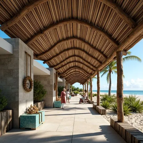 Beachside pavilion, curved wooden beams, natural stone columns, driftwood accents, nautical rope details, ocean-inspired sculptures, sandy walkways, tropical plants, palm trees, coastal breeze, warm s