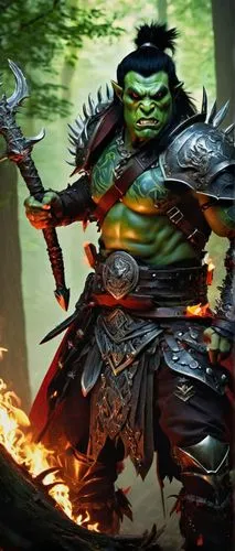 Muscular half-orc warrior, Dungeons & Dragons, fantasy world, brutal face, green skin, sharp teeth, fierce eyes, spiky black hair, intricate tribal tattoos on arms and chest, leather armor, silver pau