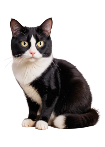 Tuxedo cat, sitting, black and white fur, whiskers, pink nose, bright eyes, shiny coat, curled up, paw pads, velvet texture, soft focus, warm lighting, 3/4 composition, shallow depth of field.,fridesw