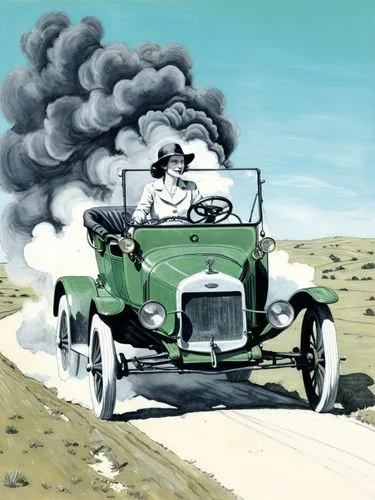 Pen drawing: Mrs. Clara Jane Ford is at the center of the action. She is driving a Ford (Model T) through a Texan landscape, its dark green paint reflecting the bright sunlight. The intricate details 