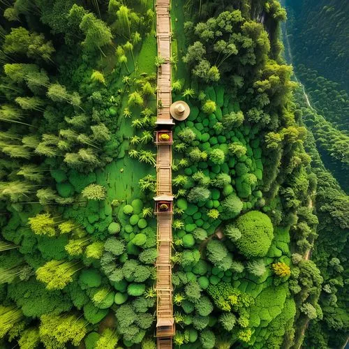 苍苍竹林寺，杳杳钟声晚。
荷笠带斜阳，青山独归远。
遥望苍苍山林中的竹林寺，远远传来报时的钟响声。
他戴着斗笠身披斜阳余晖，独自向青山走去，渐行渐远。,an aerial view of a road surrounded by a forest,tree top path,green wallpaper,green waterfall,hawaii bamboo,verdant,island s