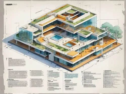 Watercolor (construction plan:1.3) with multiple variations and material suggestion for a library building (Riken Yamamoto:1.2), cool tone rendering, a digital rendering, trending on Behance, award wi