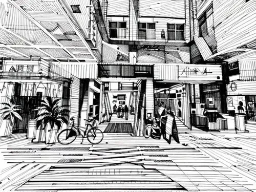 motomachi,ginza,store fronts,shopping street,street cafe,street scene,itabashi,shibuya,multistoreyed,mono-line line art,play street,urban design,japanese architecture,bike land,pedestrian zone,streetl