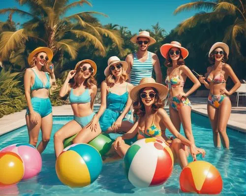 Summer vibes, 1960s themed pool party, sunny afternoon, bright blue sky, palm trees surrounding the pool area, colorful beach balls floating on the water, a group of friends laughing and chatting, ret