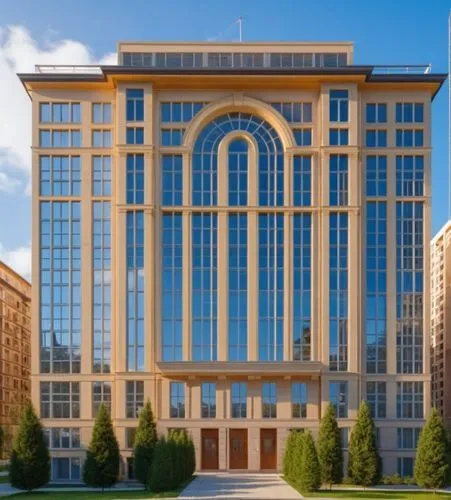 smaller windows,a large tan building with lots of windows,mgimo,supreme administrative court,kempinski,minsk,vnesheconombank,nazarbayev,stalin skyscraper,uob,atyrau,novogrozny,ncga,slu,umkc,bvu,umc,un